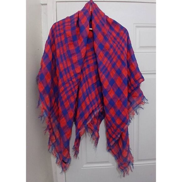 J crew women Italian linen huge Buffalo Plaid poncho scarf wrap blue red square - Picture 1 of 6